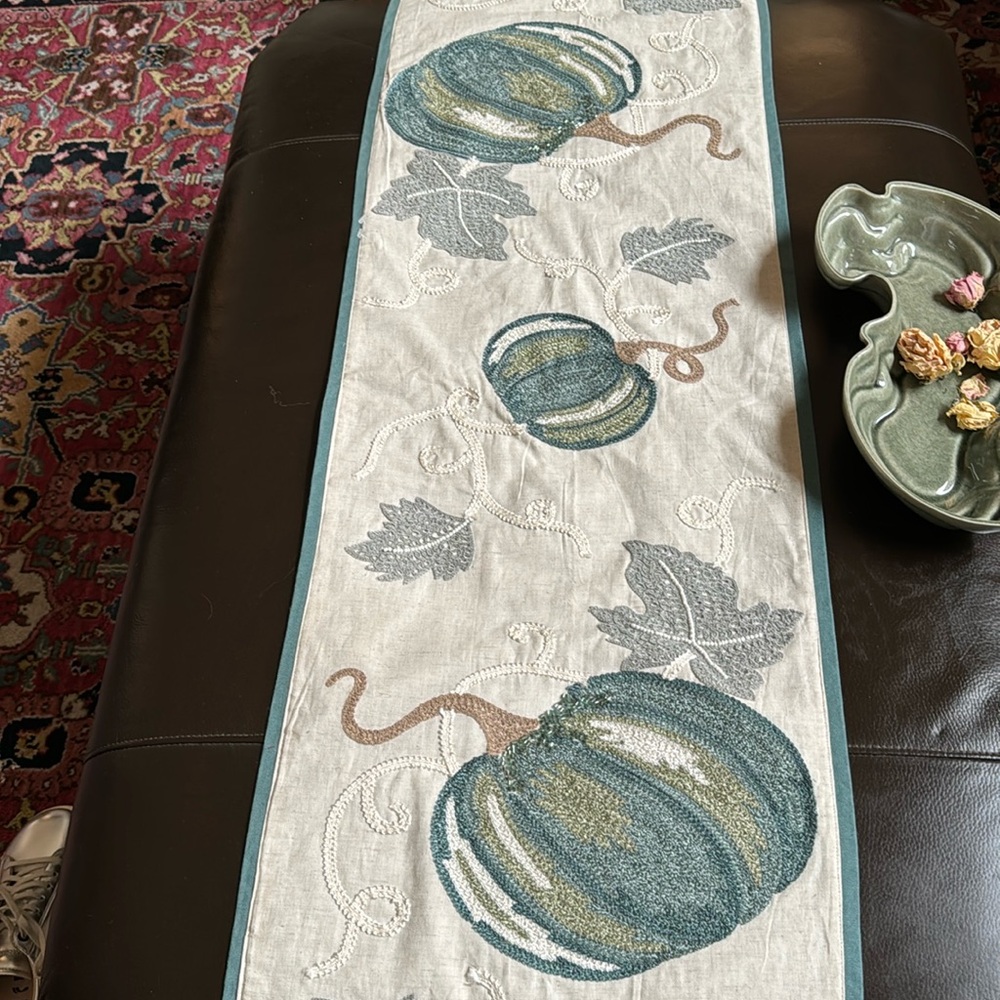 THANKSGIVING TABLE RUNNER 14 1/2” x 72” SOFT TEAL COLORED EMBROIDERY AND BEADING